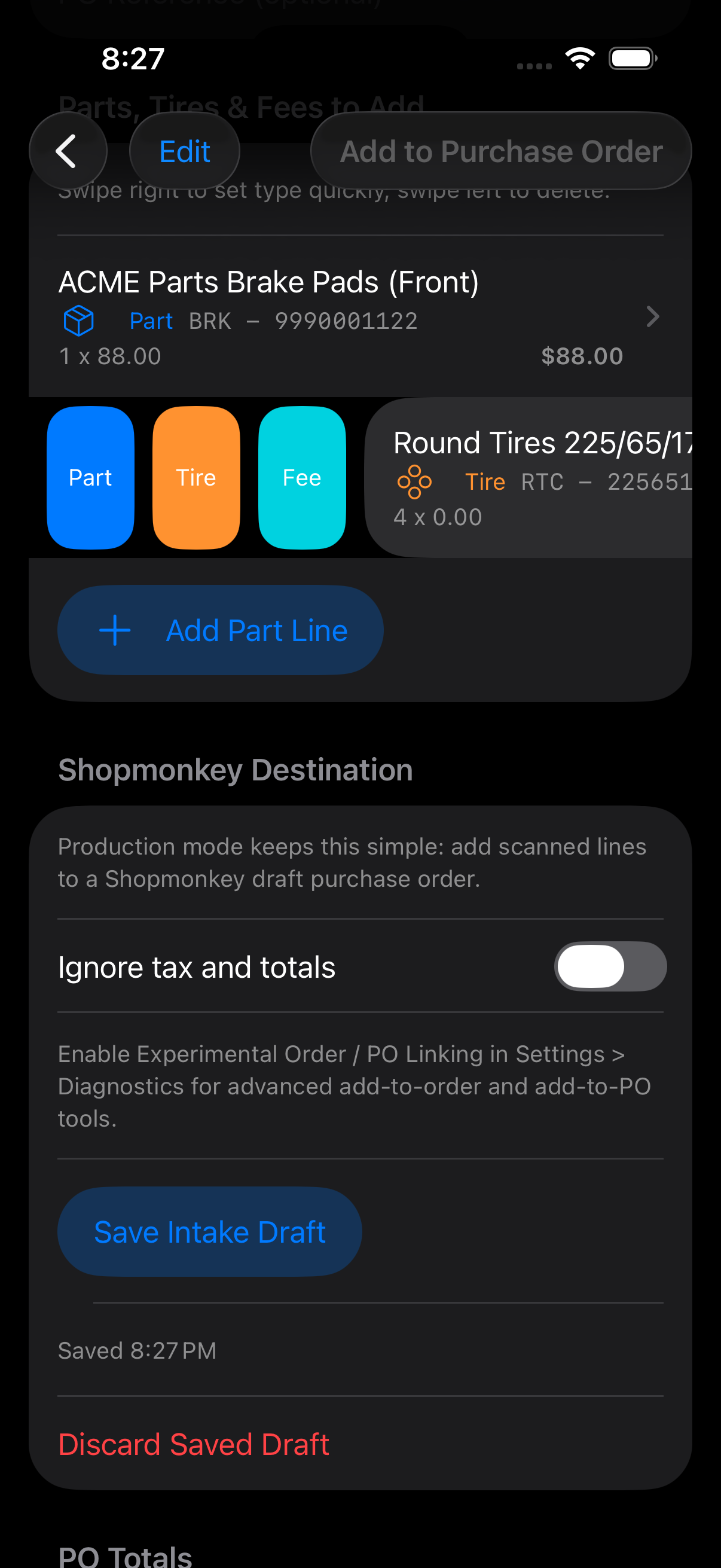 Part, tire, and fee line editing with fast controls