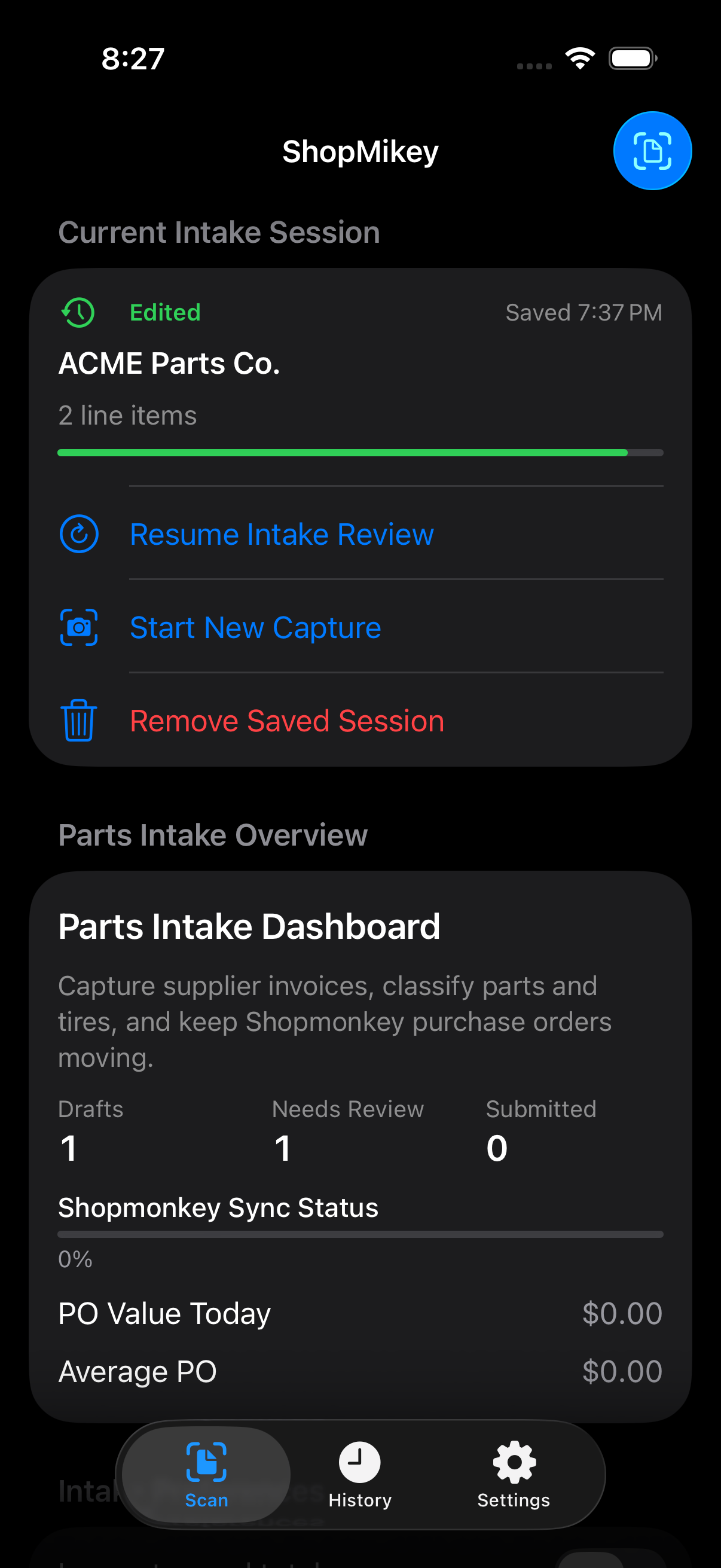 Current intake dashboard showing active session and sync status