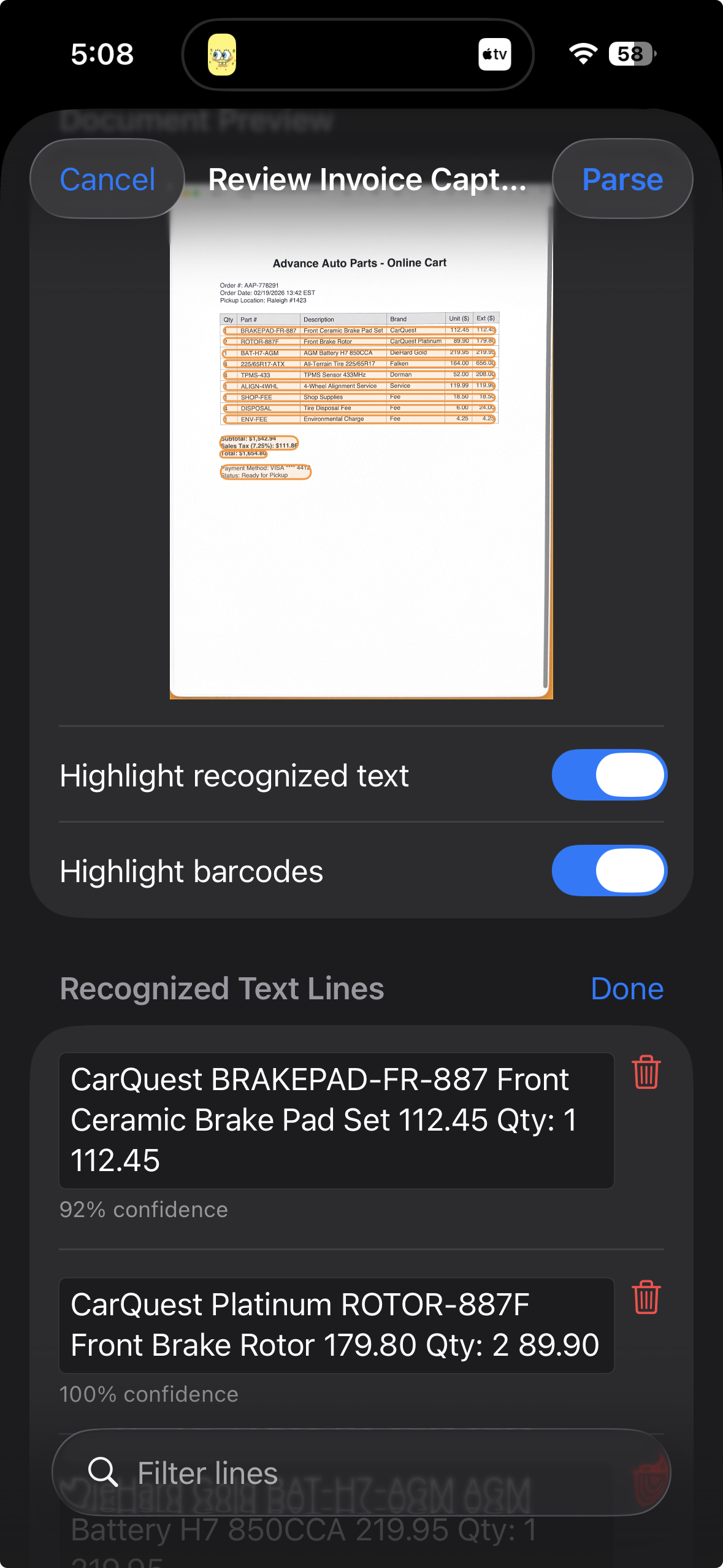 Review capture screen with parsed invoice preview and recognized text lines